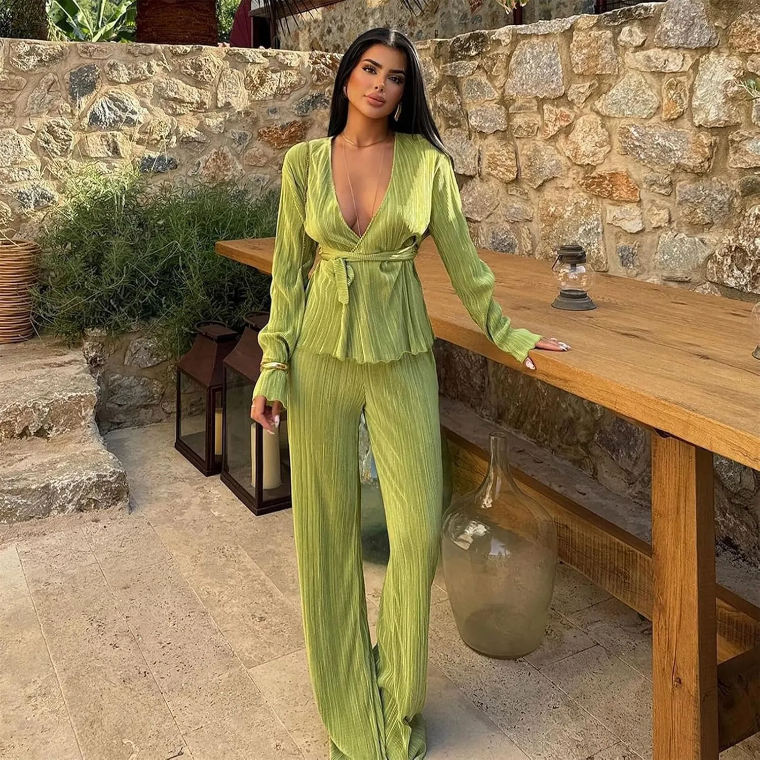CALEBGAR Women's Fall 2 Piece Pleated Sets Long Sleeve Open Front Shirt with Belt Flare Wide Leg Linen Pants Sets Streetwear