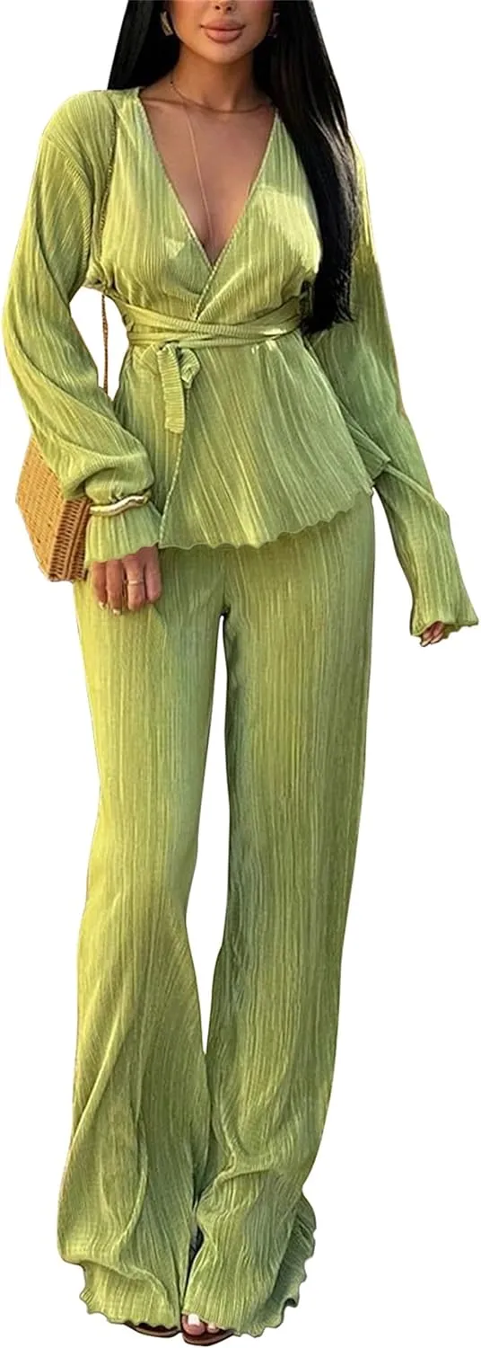 CALEBGAR Women's Fall 2 Piece Pleated Sets Long Sleeve Open Front Shirt with Belt Flare Wide Leg Linen Pants Sets Streetwear