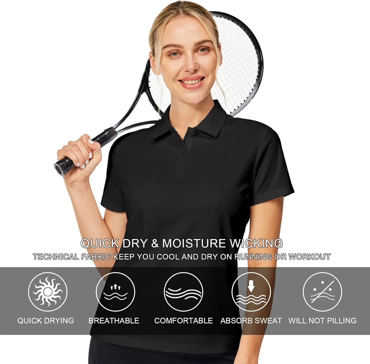 Casei Womens Polo Shirts Golf Shirts Quick Dry Moisture Wicking Black and White Polo Shirt