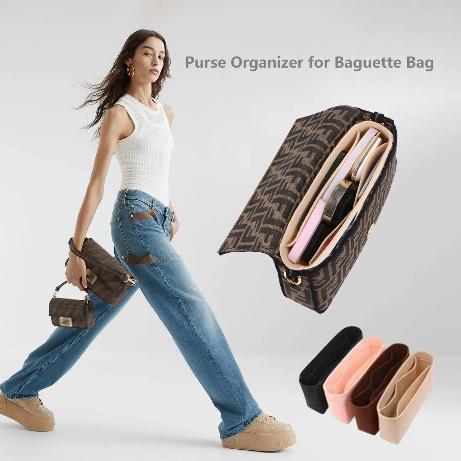 Chispee Softened Felt Purse Organizer Insert for Tote, Baguette, Longchamp Handbags Lightweight Bag Organizer with Multiple Pockets (Beige, Small)