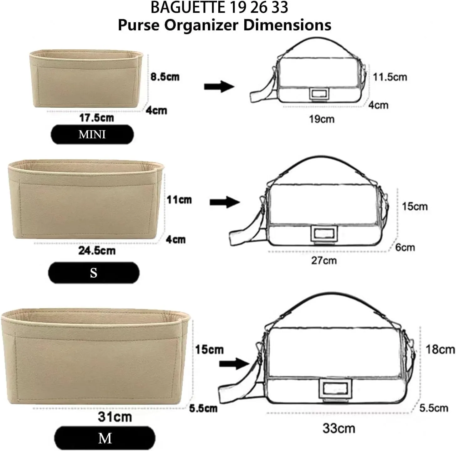Chispee Softened Felt Purse Organizer Insert for Tote, Baguette, Longchamp Handbags Lightweight Bag Organizer with Multiple Pockets (Beige, Small)
