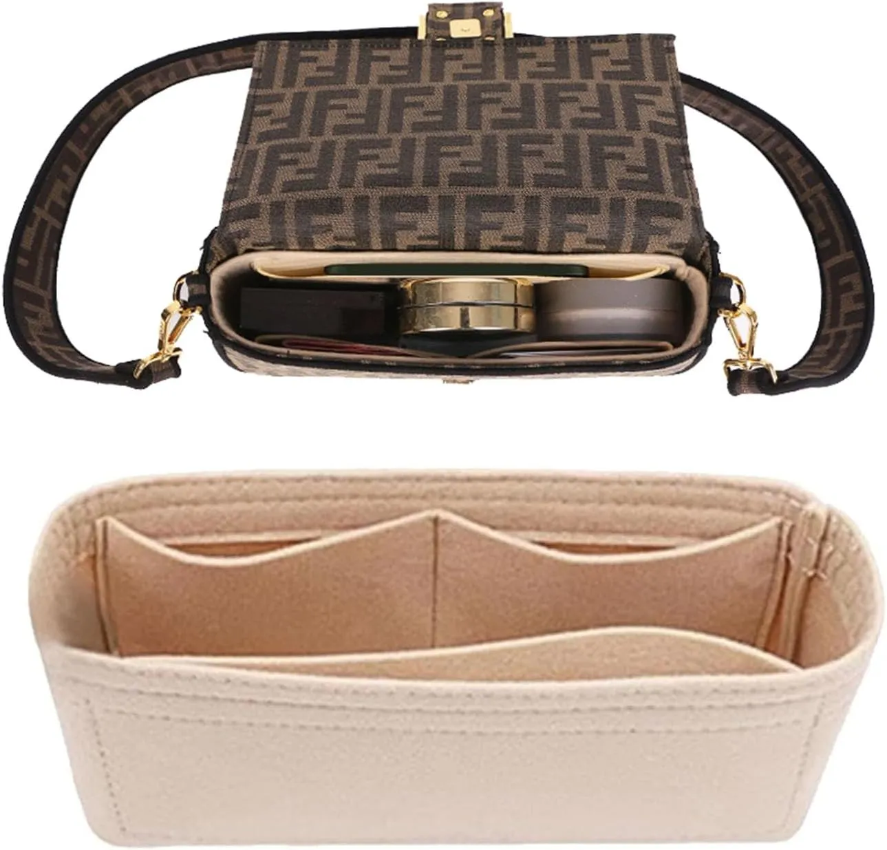 Chispee Softened Felt Purse Organizer Insert for Tote, Baguette, Longchamp Handbags Lightweight Bag Organizer with Multiple Pockets (Beige, Small)