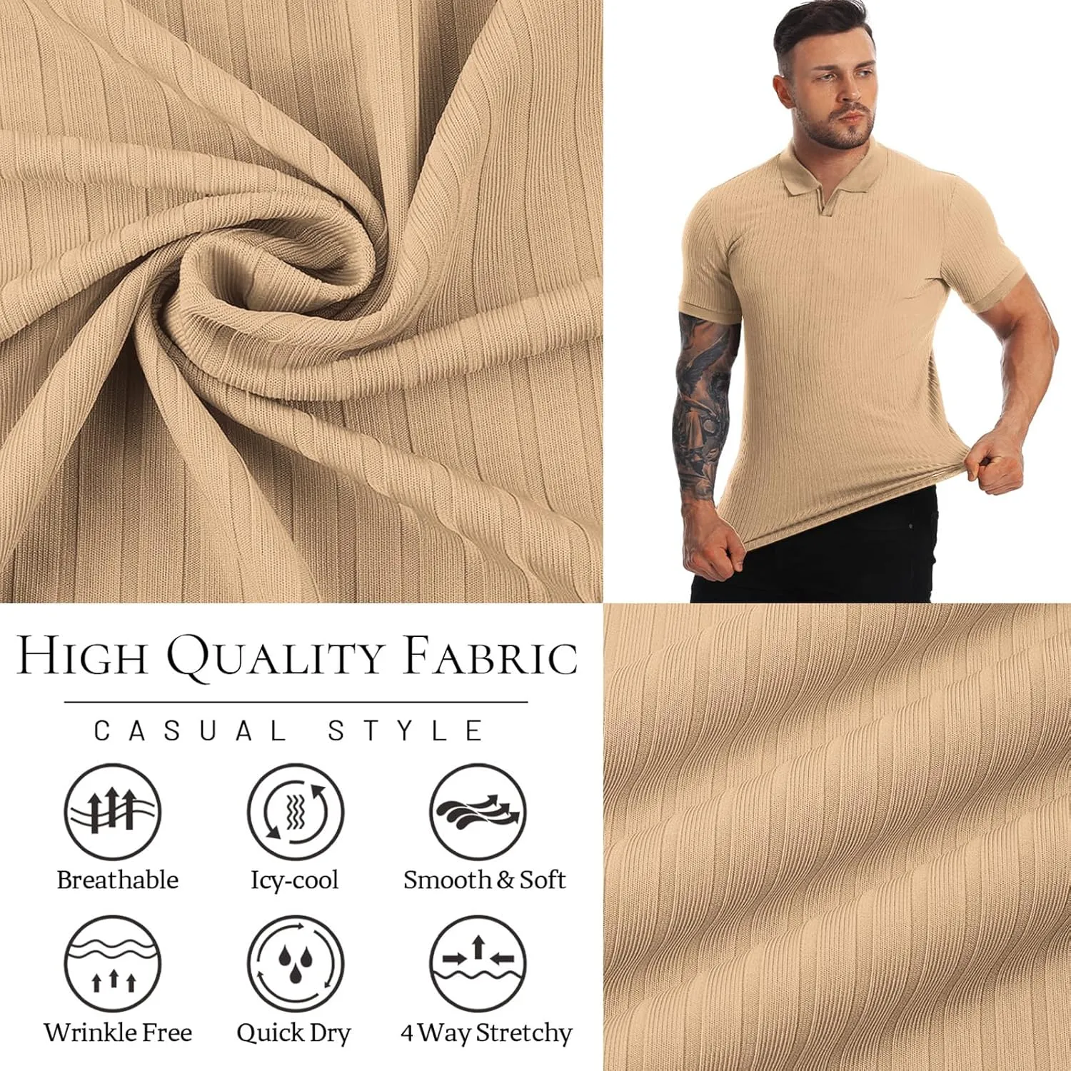 Collared Muscle Shirts for Men Ribbed Knit Slim Fit Polo Shirts Short Sleeve, Mens V Neck T Shirts Casual Stylish