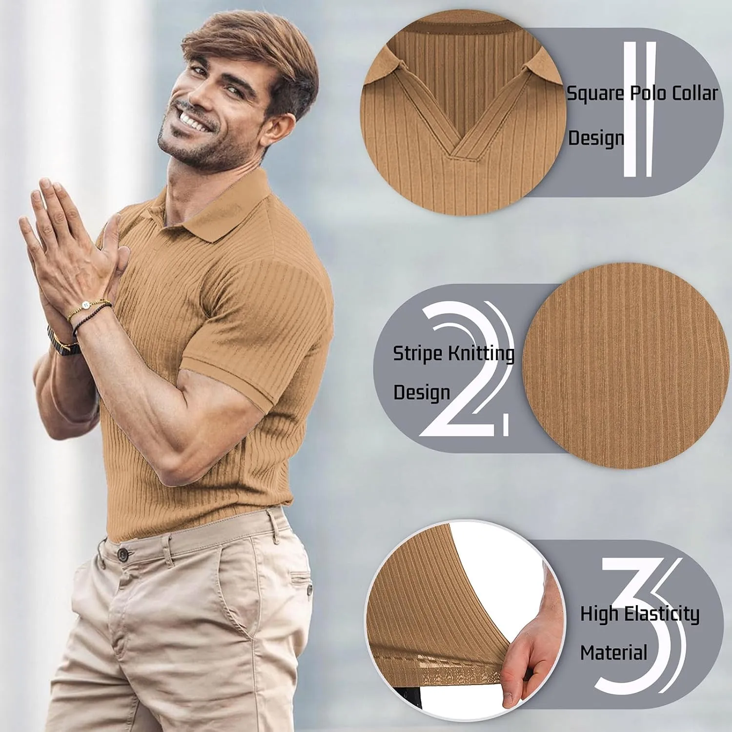Collared Muscle Shirts for Men Ribbed Knit Slim Fit Polo Shirts Short Sleeve, Mens V Neck T Shirts Casual Stylish