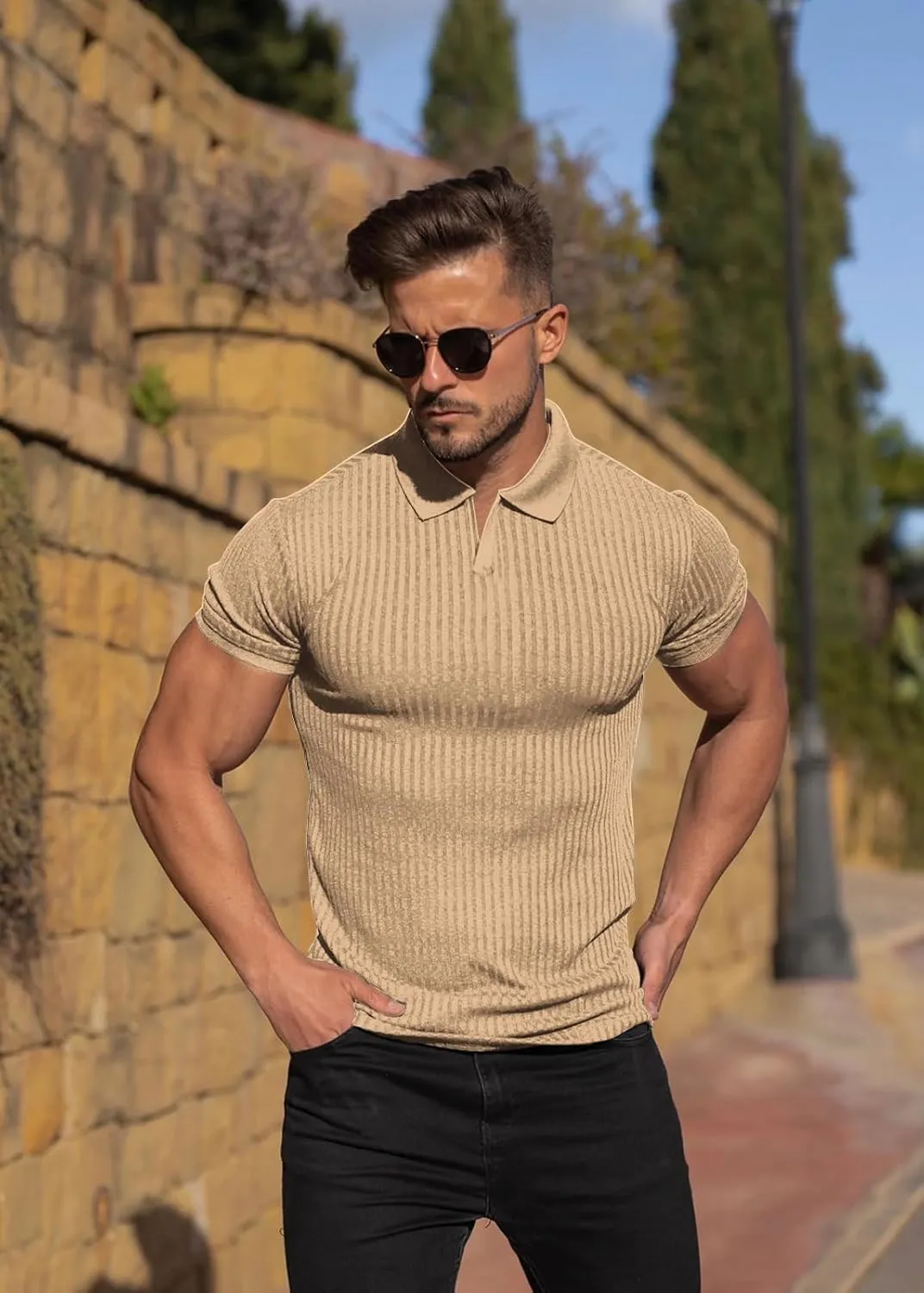 Collared Muscle Shirts for Men Ribbed Knit Slim Fit Polo Shirts Short Sleeve, Mens V Neck T Shirts Casual Stylish