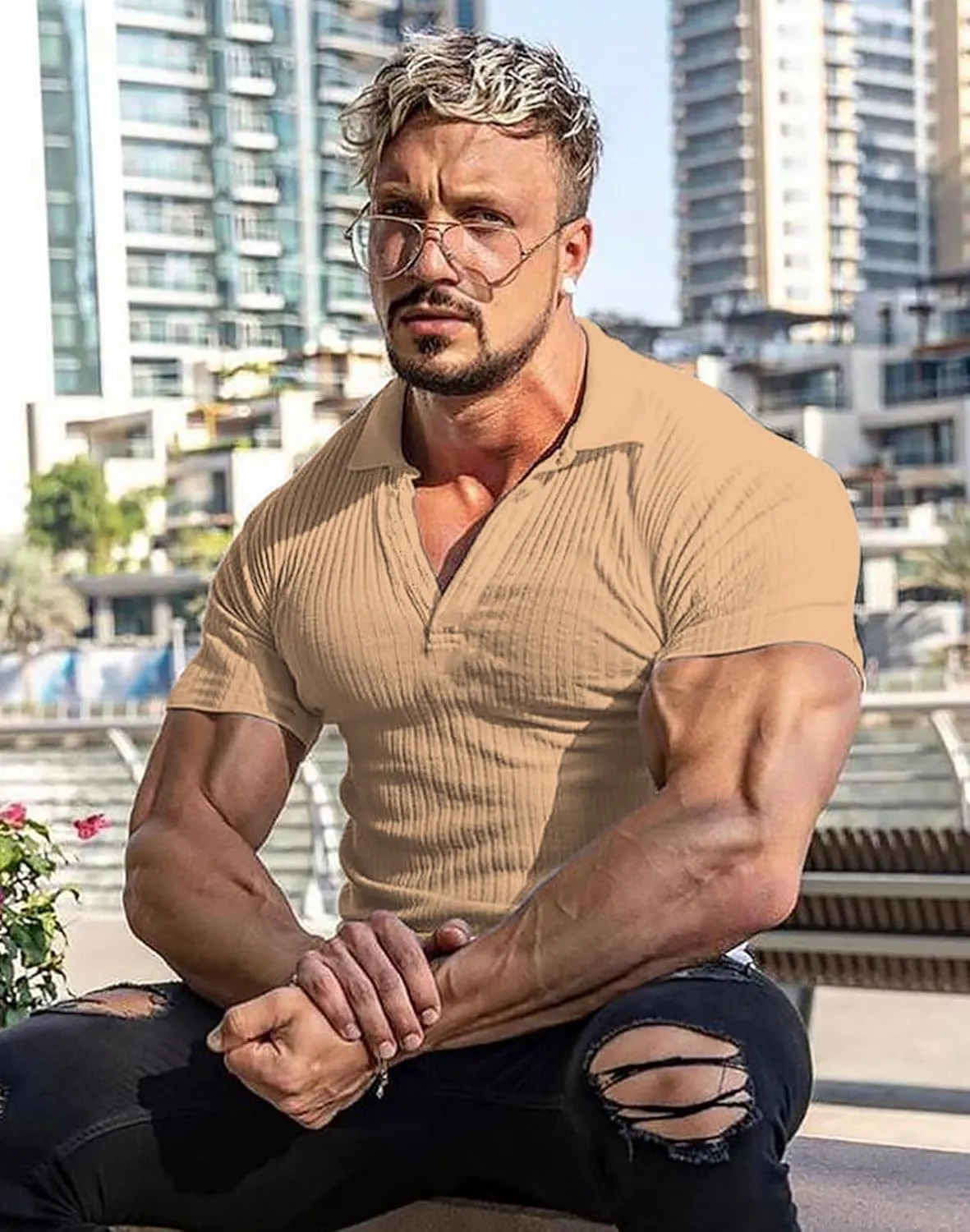 Collared Muscle Shirts for Men Ribbed Knit Slim Fit Polo Shirts Short Sleeve, Mens V Neck T Shirts Casual Stylish