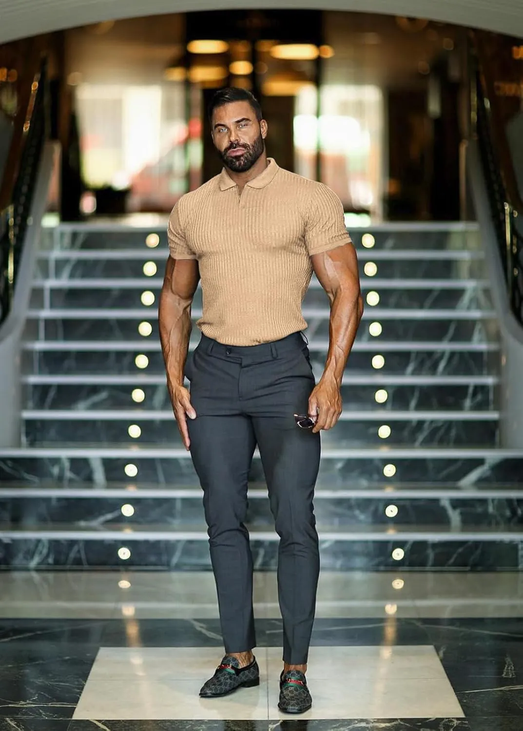 Collared Muscle Shirts for Men Ribbed Knit Slim Fit Polo Shirts Short Sleeve, Mens V Neck T Shirts Casual Stylish