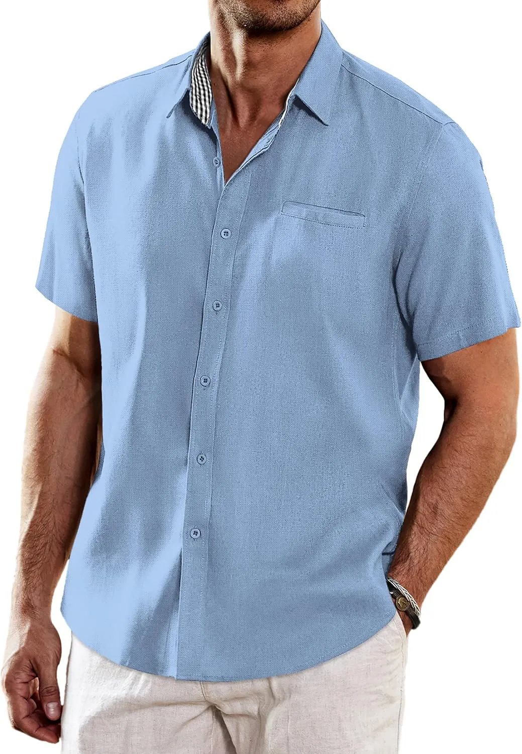 COOFANDY Men's Casual Linen Shirts Short Sleeve Button Down Shirt Summer Beach Tops