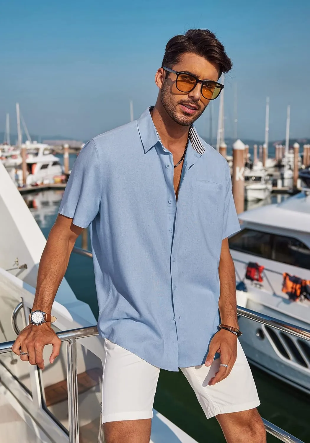 COOFANDY Men's Casual Linen Shirts Short Sleeve Button Down Shirt Summer Beach Tops