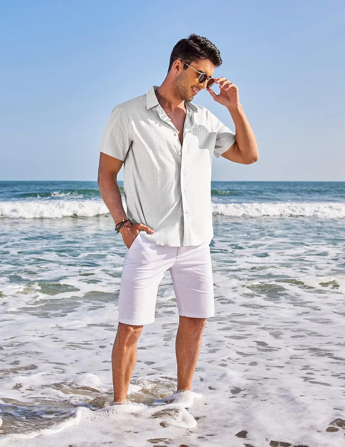 COOFANDY Men's Casual Linen Shirts Short Sleeve Button Down Shirt Summer Beach Tops