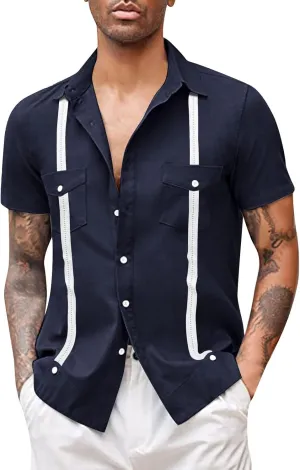 Cotton Linen Shirts for Men, Men's Cuban Guayabera Shirts Short Sleeve Casual Button Down Shirt Fashion Summer Beach Shirt