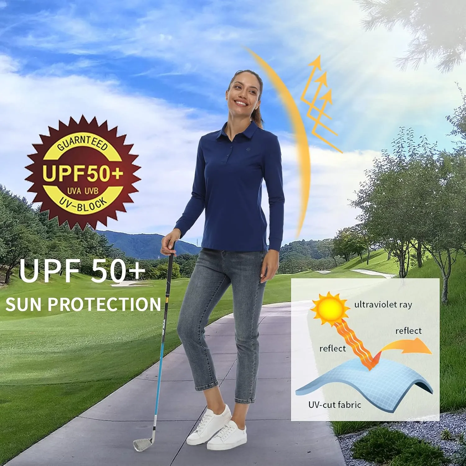CQC Women's Golf Polo Shirts Long Sleeve Sports Athletic Shirts Tennis Tops Fitness T-Shirt UPF 50  Quick Dry