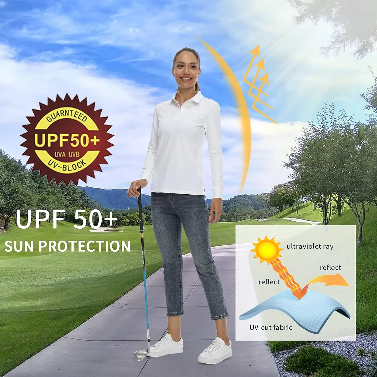 CQC Women's Golf Polo Shirts Long Sleeve Sports Athletic Shirts Tennis Tops Fitness T-Shirt UPF 50  Quick Dry