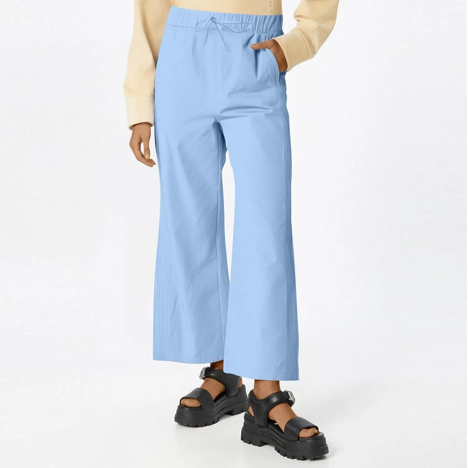 Cropped Pants for Women Summer Lounge Elastic High Waisted Drawstring Straight Outdoor Trousers Pants with Pockets