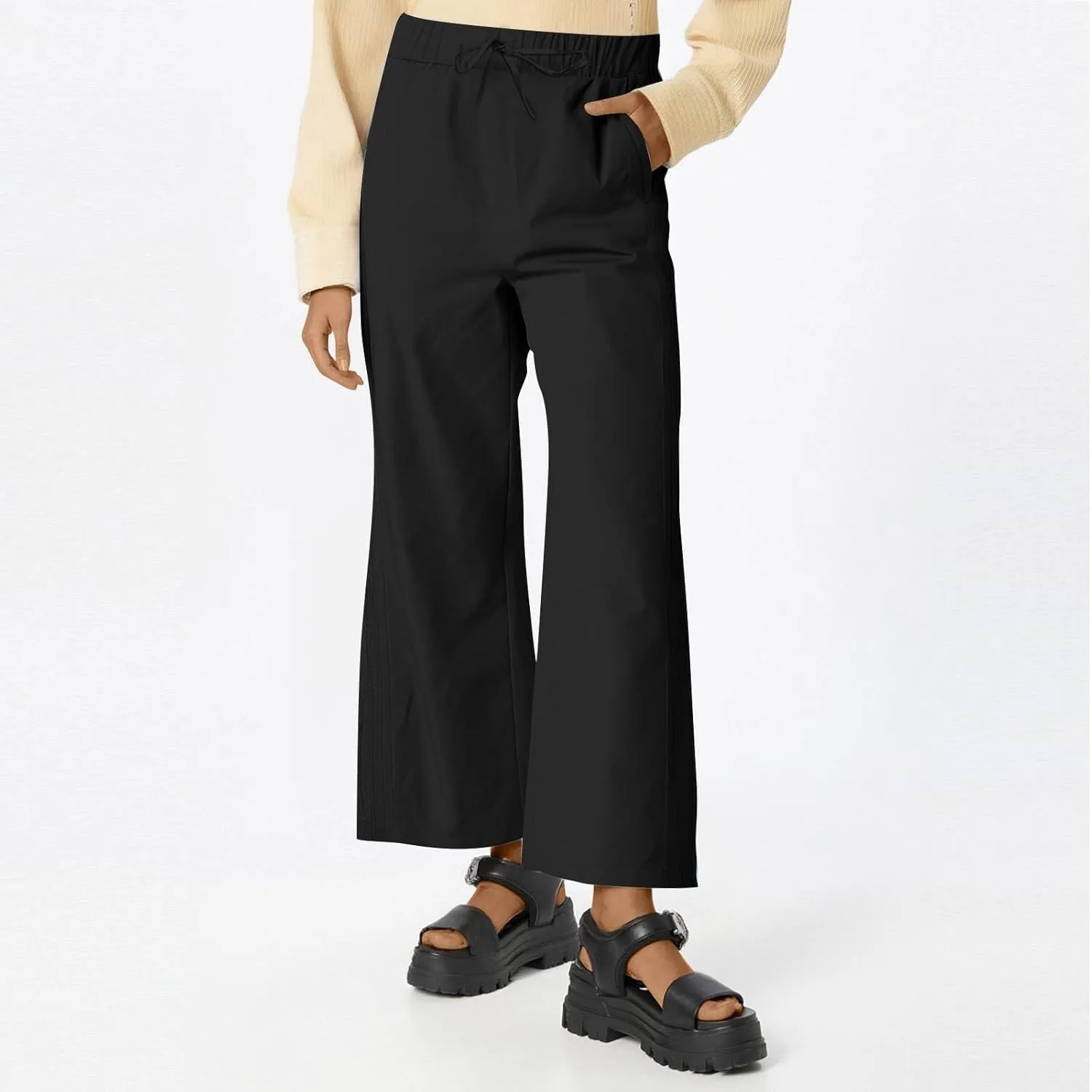 Cropped Pants for Women Summer Lounge Elastic High Waisted Drawstring Straight Outdoor Trousers Pants with Pockets