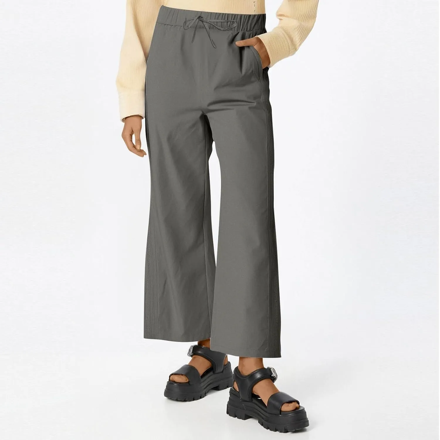 Cropped Pants for Women Summer Lounge Elastic High Waisted Drawstring Straight Outdoor Trousers Pants with Pockets
