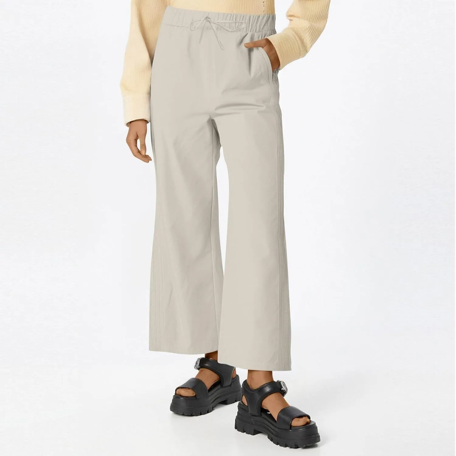 Cropped Pants for Women Summer Lounge Elastic High Waisted Drawstring Straight Outdoor Trousers Pants with Pockets