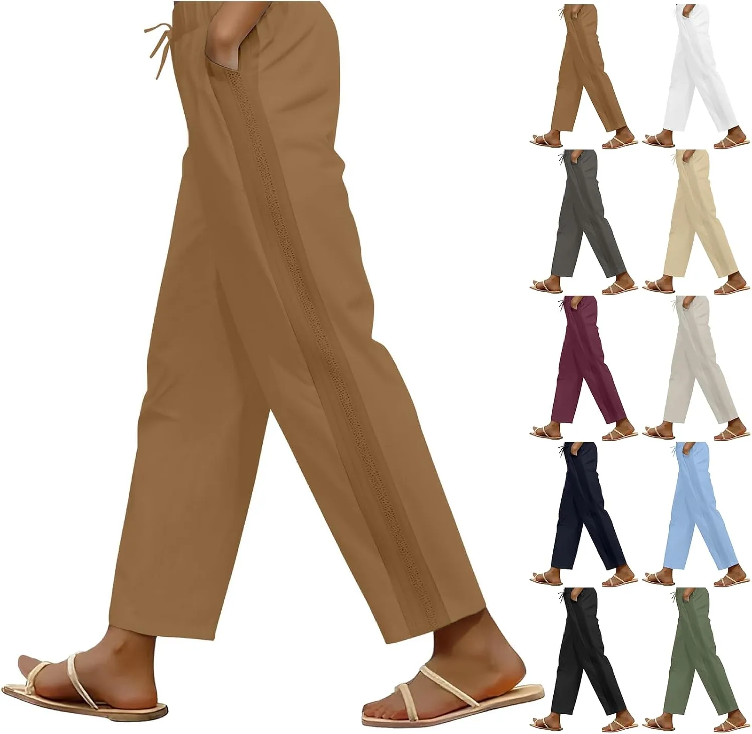 Cropped Pants for Women Summer Lounge Elastic High Waisted Drawstring Straight Outdoor Trousers Pants with Pockets
