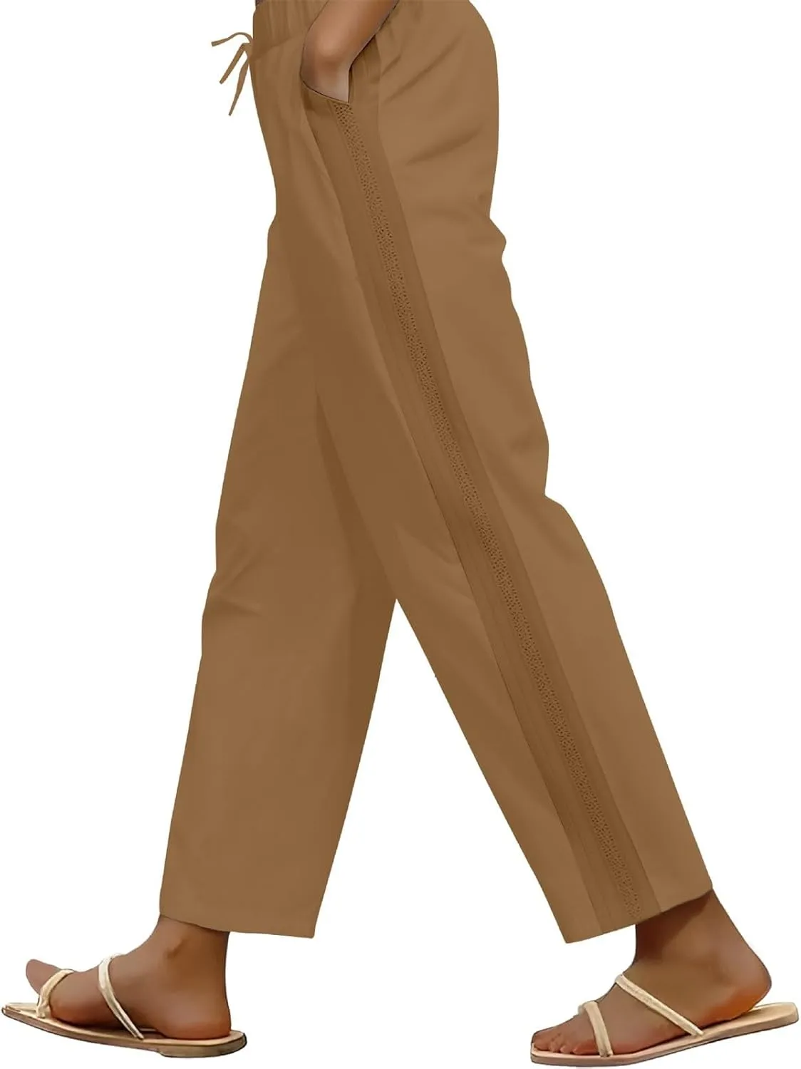 Cropped Pants for Women Summer Lounge Elastic High Waisted Drawstring Straight Outdoor Trousers Pants with Pockets