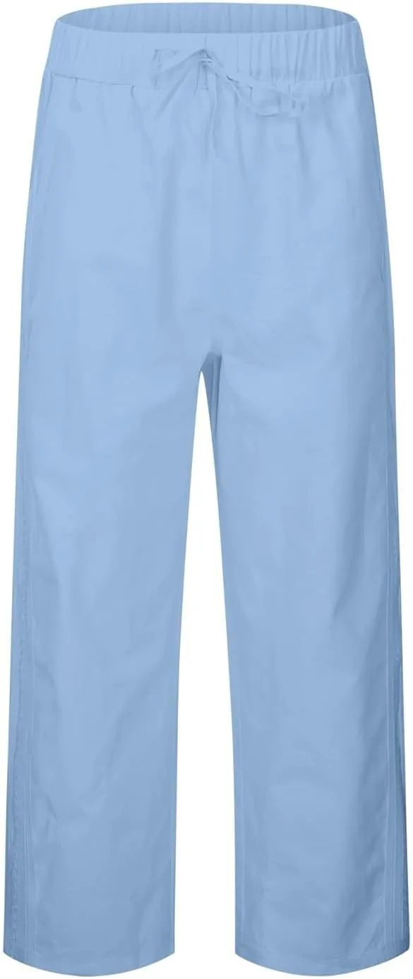 Cropped Pants for Women Summer Lounge Elastic High Waisted Drawstring Straight Outdoor Trousers Pants with Pockets