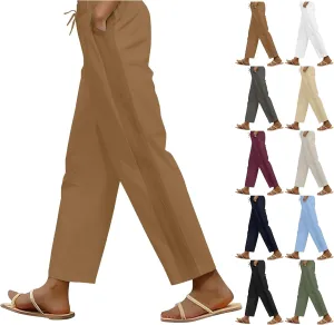 Cropped Pants for Women Summer Lounge Elastic High Waisted Drawstring Straight Outdoor Trousers Pants with Pockets