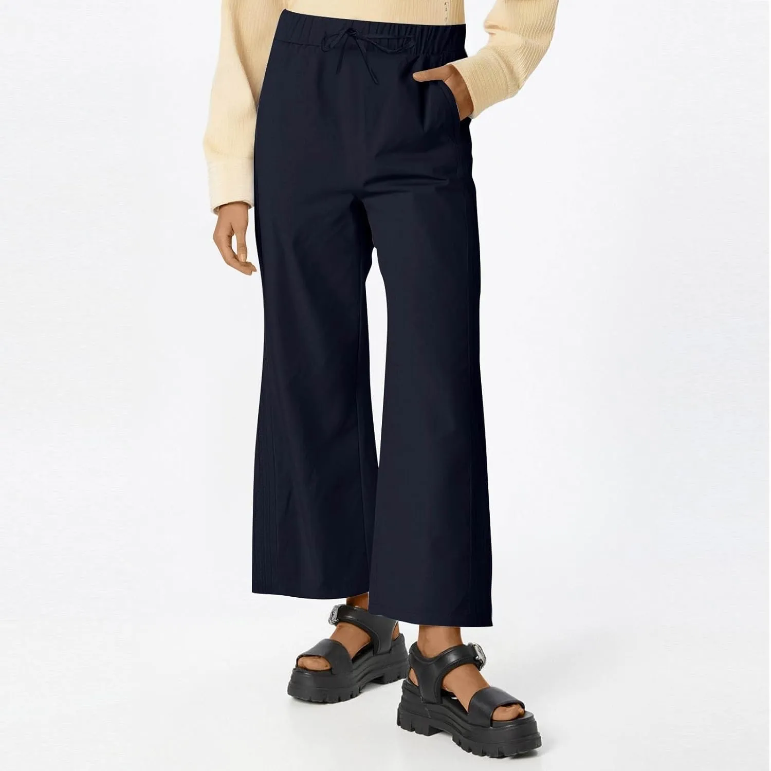 Cropped Pants for Women Summer Lounge Elastic High Waisted Drawstring Straight Outdoor Trousers Pants with Pockets