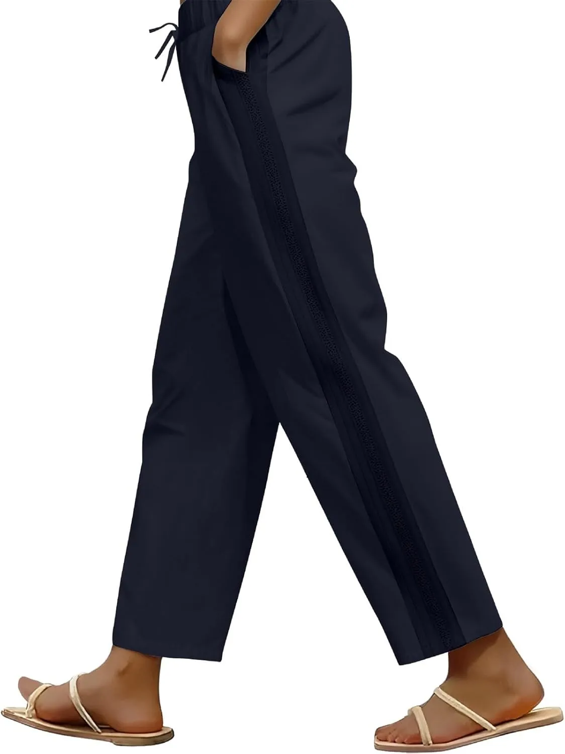 Cropped Pants for Women Summer Lounge Elastic High Waisted Drawstring Straight Outdoor Trousers Pants with Pockets