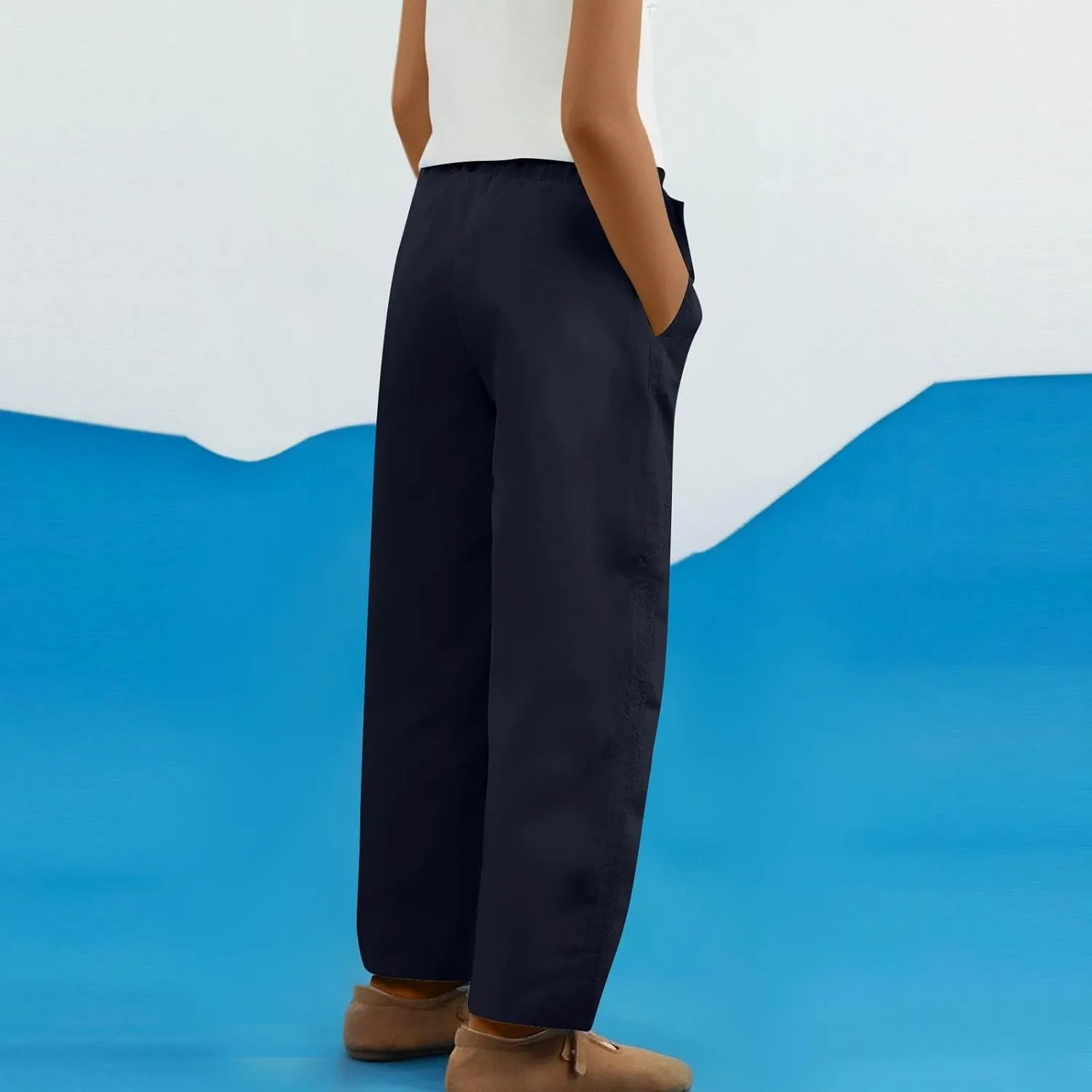 Cropped Pants for Women Summer Lounge Elastic High Waisted Drawstring Straight Outdoor Trousers Pants with Pockets