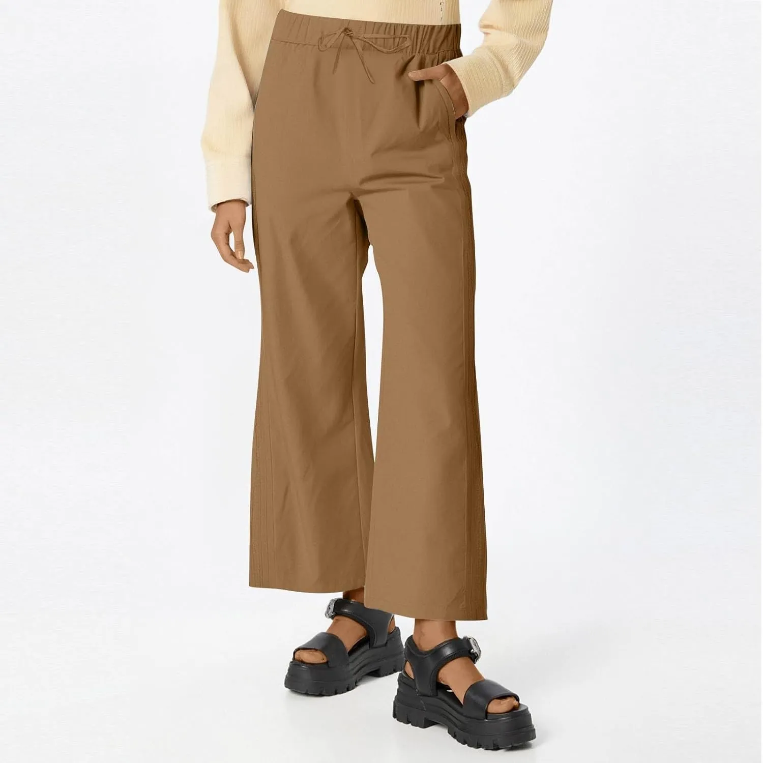 Cropped Pants for Women Summer Lounge Elastic High Waisted Drawstring Straight Outdoor Trousers Pants with Pockets