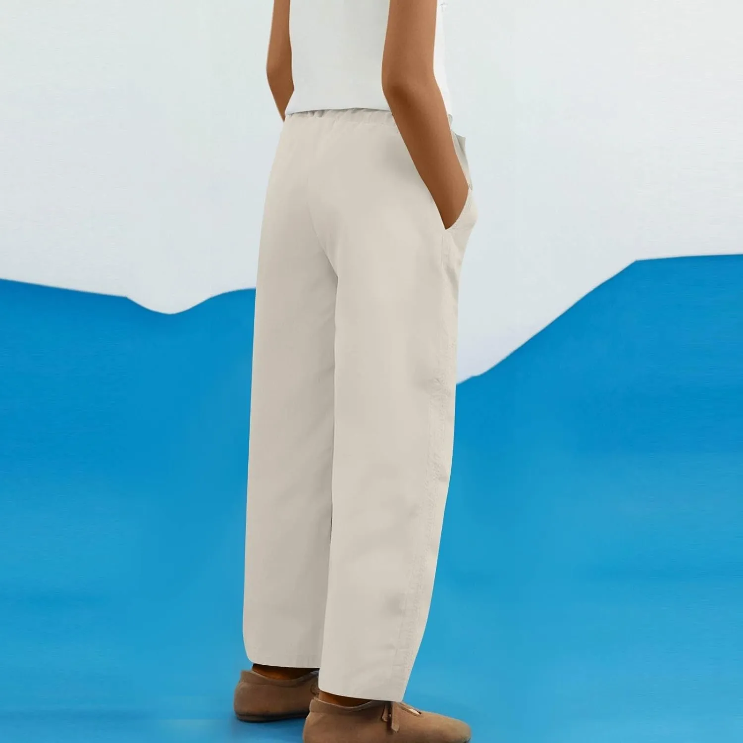 Cropped Pants for Women Summer Lounge Elastic High Waisted Drawstring Straight Outdoor Trousers Pants with Pockets