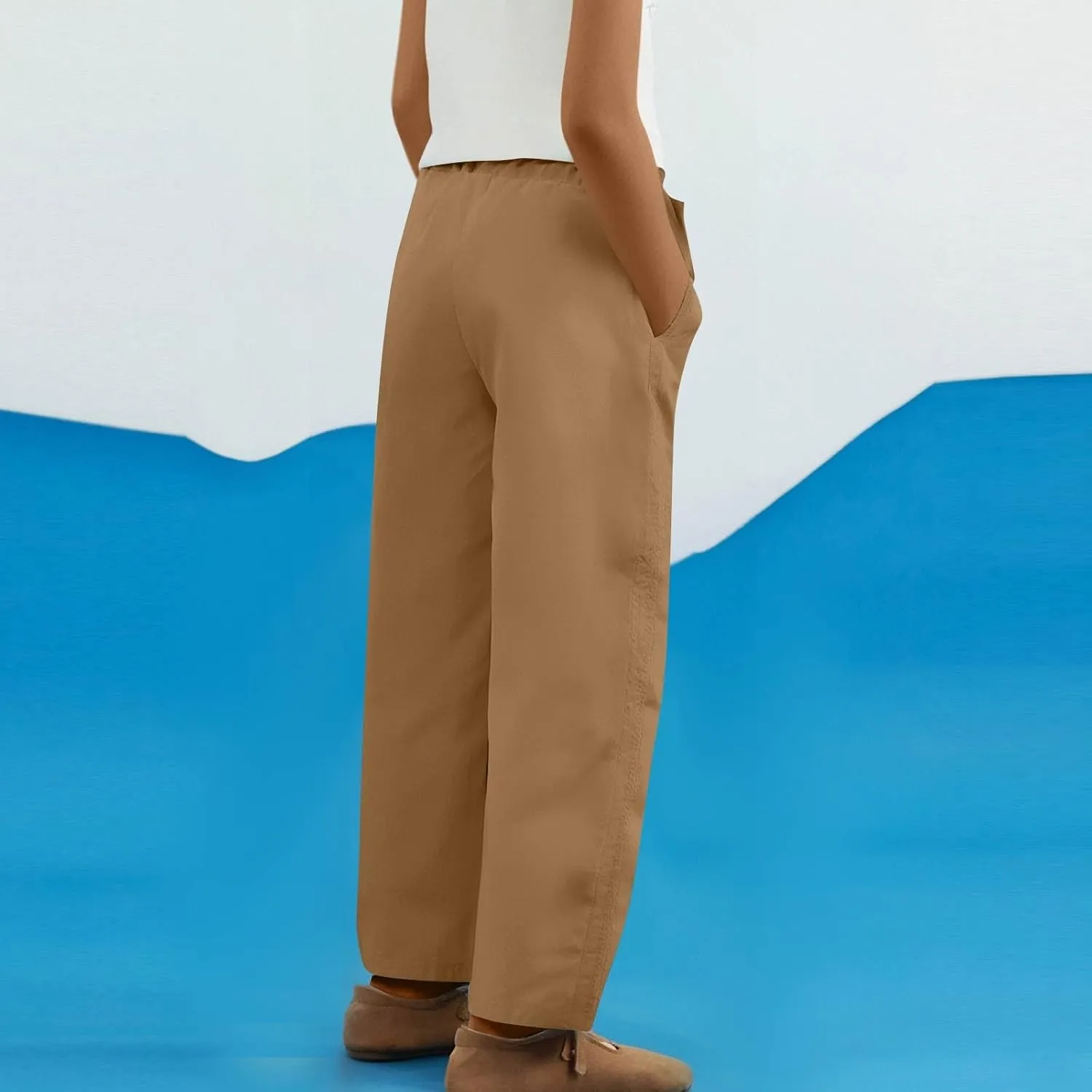 Cropped Pants for Women Summer Lounge Elastic High Waisted Drawstring Straight Outdoor Trousers Pants with Pockets