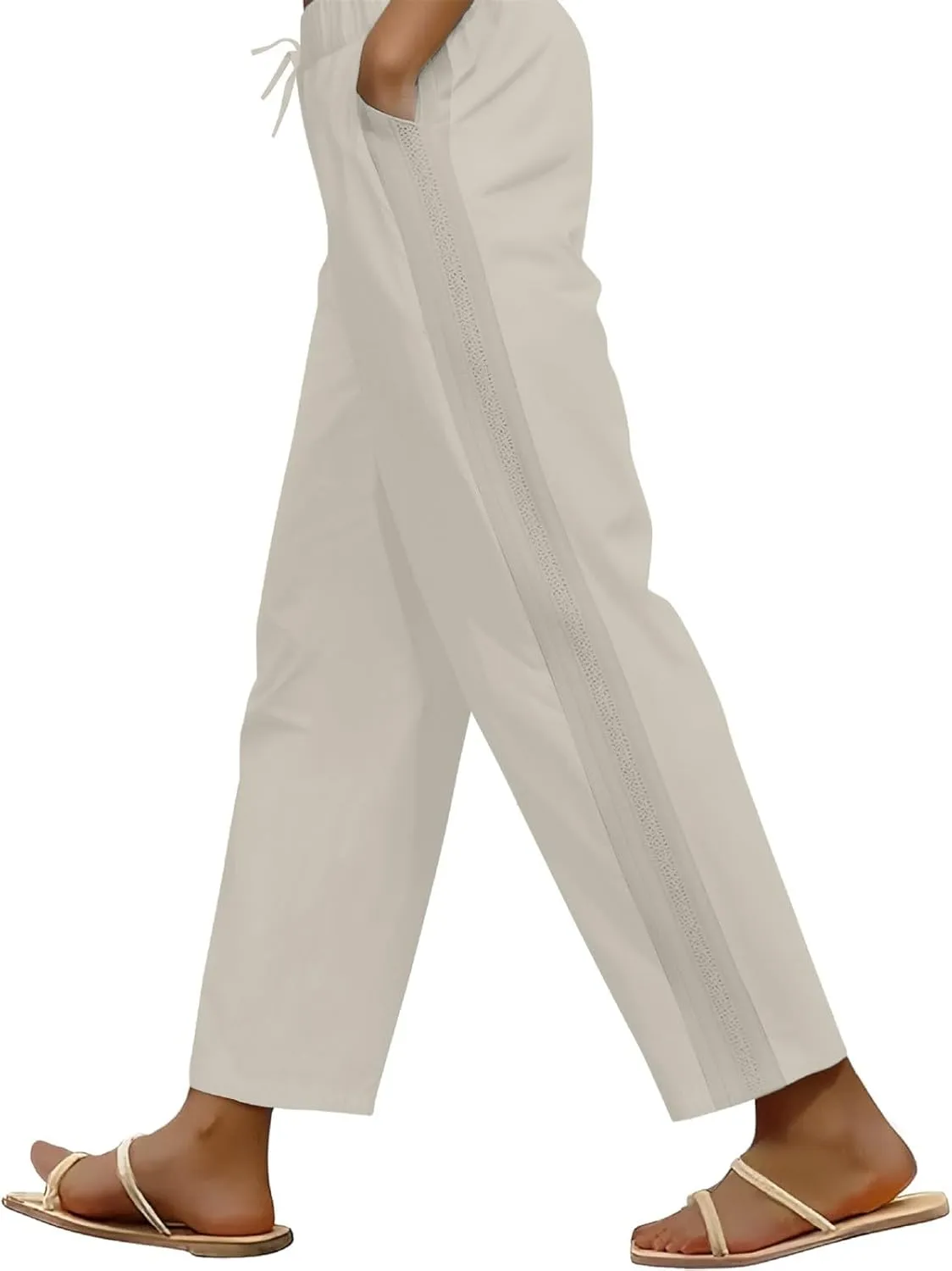 Cropped Pants for Women Summer Lounge Elastic High Waisted Drawstring Straight Outdoor Trousers Pants with Pockets