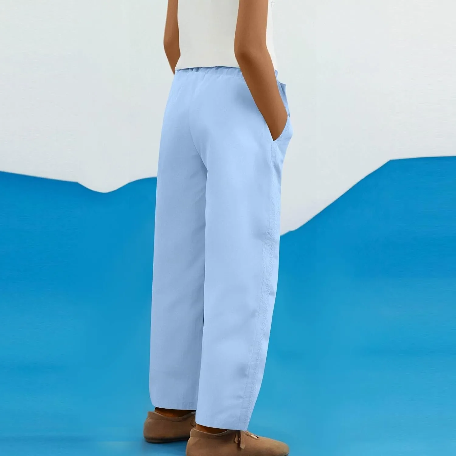 Cropped Pants for Women Summer Lounge Elastic High Waisted Drawstring Straight Outdoor Trousers Pants with Pockets