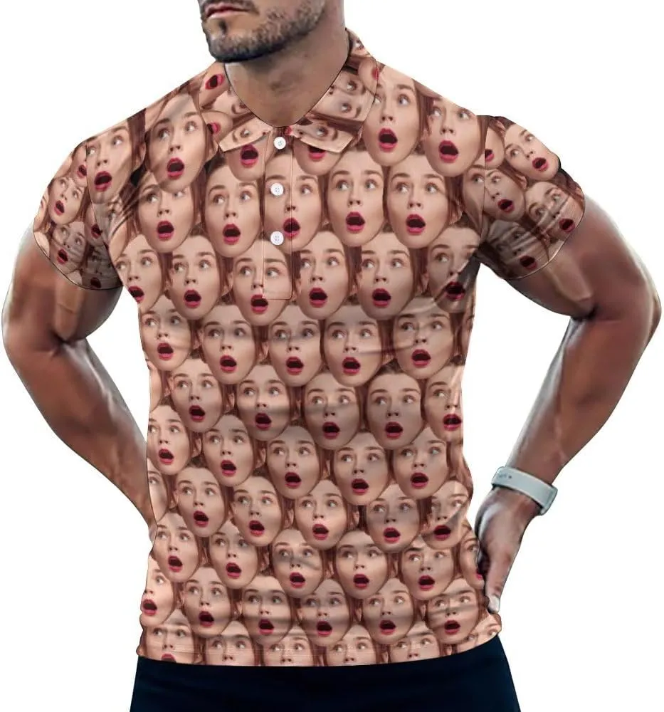 Custom Seamless Face Golf Shirts for Men Dry Fit Sleeve Golf Shirt Print Shirts Funny Golf Polo Shirts Collared Shirt