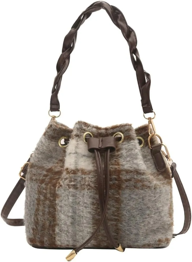 Cute Tweed Tote Bag Mini Sling Shoulder Bag Trendy Top Handle Purse Causal Bucket Purse Satchel Bag with Charming Pendent