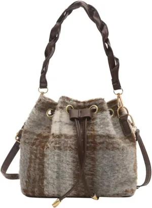 Cute Tweed Tote Bag Mini Sling Shoulder Bag Trendy Top Handle Purse Causal Bucket Purse Satchel Bag with Charming Pendent