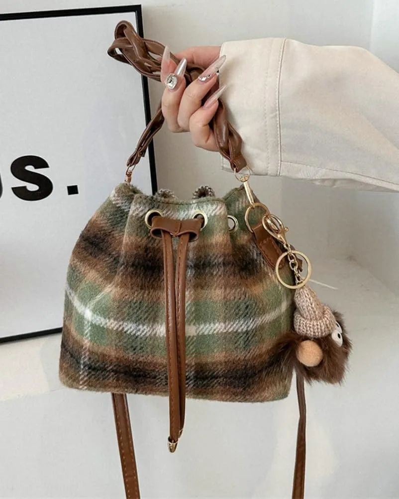 Cute Tweed Tote Bag Mini Sling Shoulder Bag Trendy Top Handle Purse Causal Bucket Purse Satchel Bag with Charming Pendent