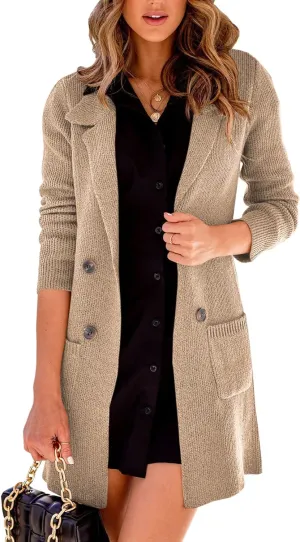 Danedvi Women Open Front Lapel Collar Cardigan Button Down Long Sweaters Cardigan Solid Outerwear Coats