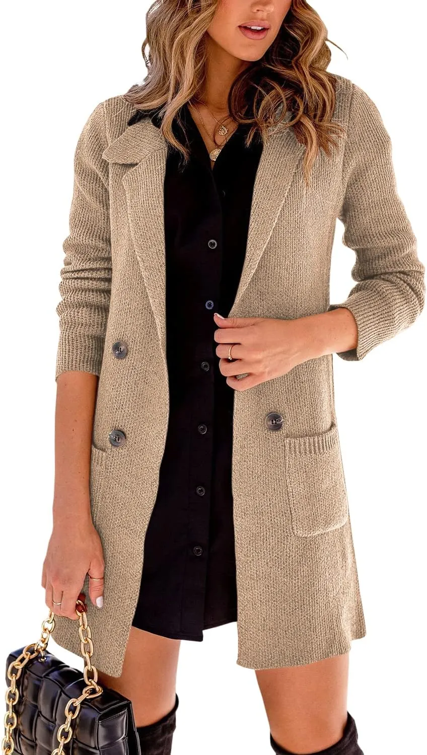 Danedvi Women Open Front Lapel Collar Cardigan Button Down Long Sweaters Cardigan Solid Outerwear Coats