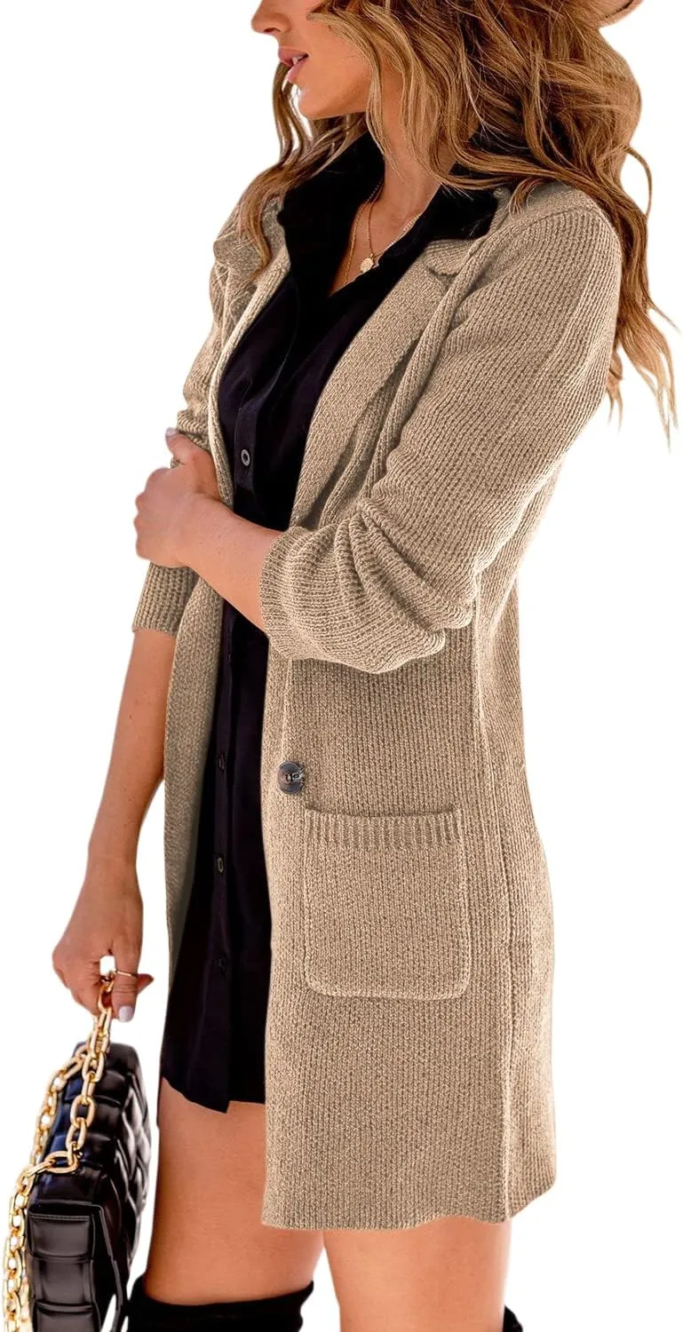 Danedvi Women Open Front Lapel Collar Cardigan Button Down Long Sweaters Cardigan Solid Outerwear Coats