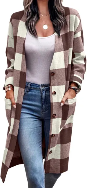 DASAYO Women Casual Shirts Pocketed Fall Clothes Open Front Long Plaid Shirt Boyfriend Tartan Trench Coats Fashion 2022
