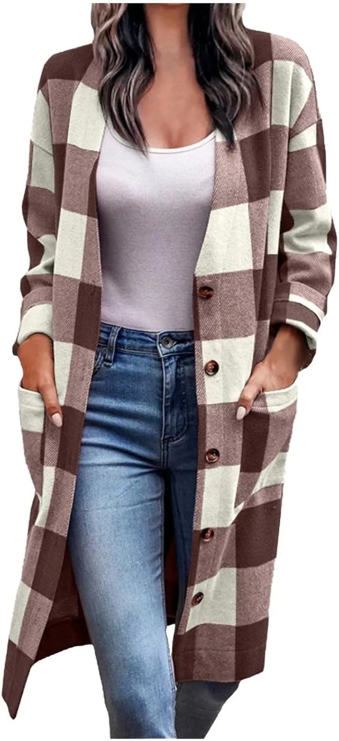 DASAYO Women Casual Shirts Pocketed Fall Clothes Open Front Long Plaid Shirt Boyfriend Tartan Trench Coats Fashion 2022