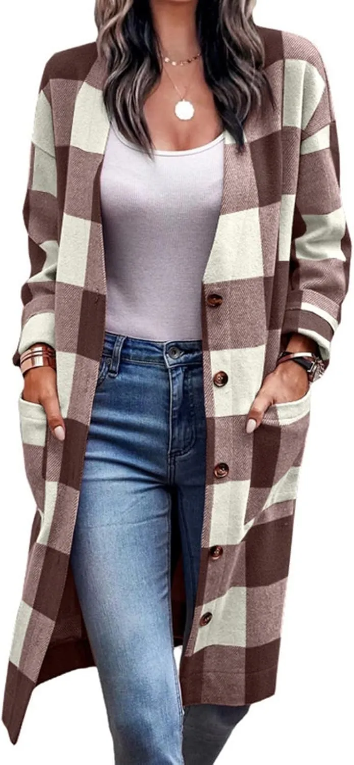 DASAYO Women Casual Shirts Pocketed Fall Clothes Open Front Long Plaid Shirt Boyfriend Tartan Trench Coats Fashion 2022