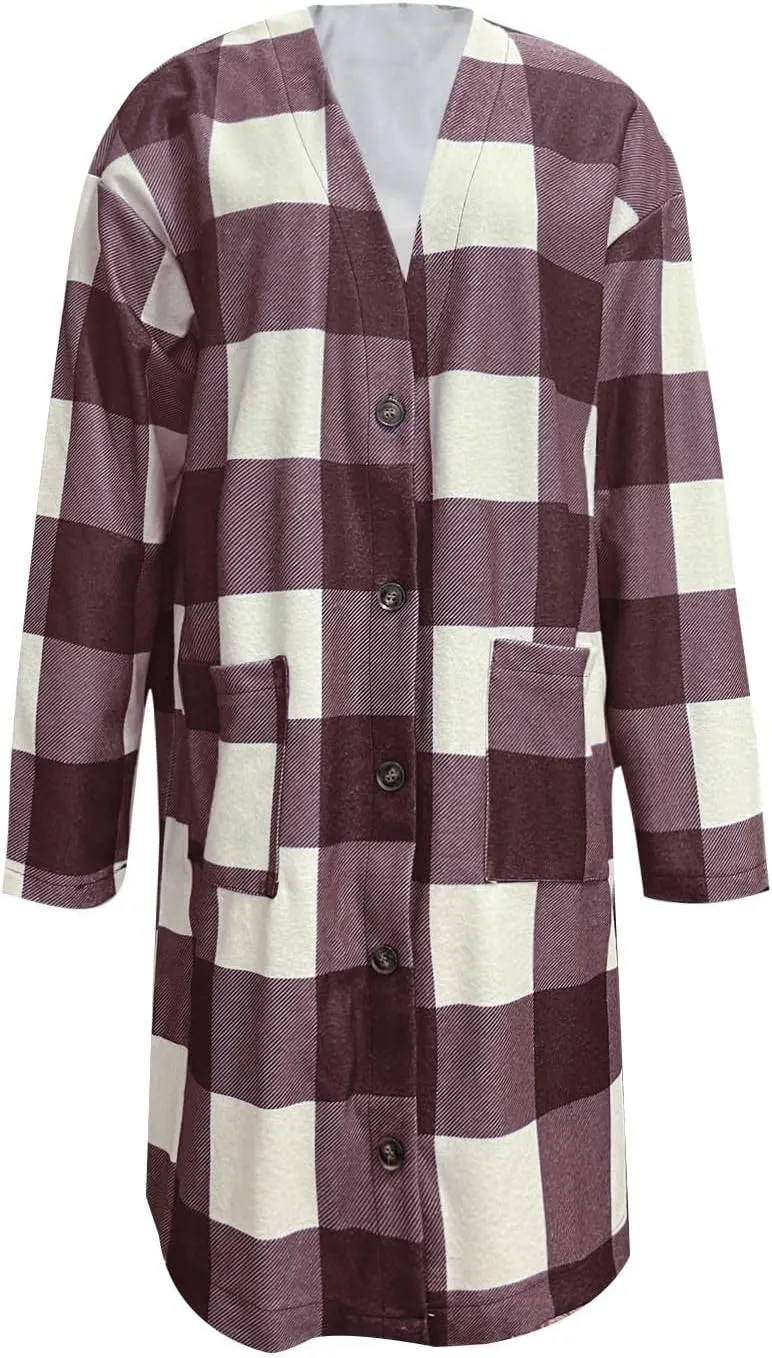 DASAYO Women Casual Shirts Pocketed Fall Clothes Open Front Long Plaid Shirt Boyfriend Tartan Trench Coats Fashion 2022