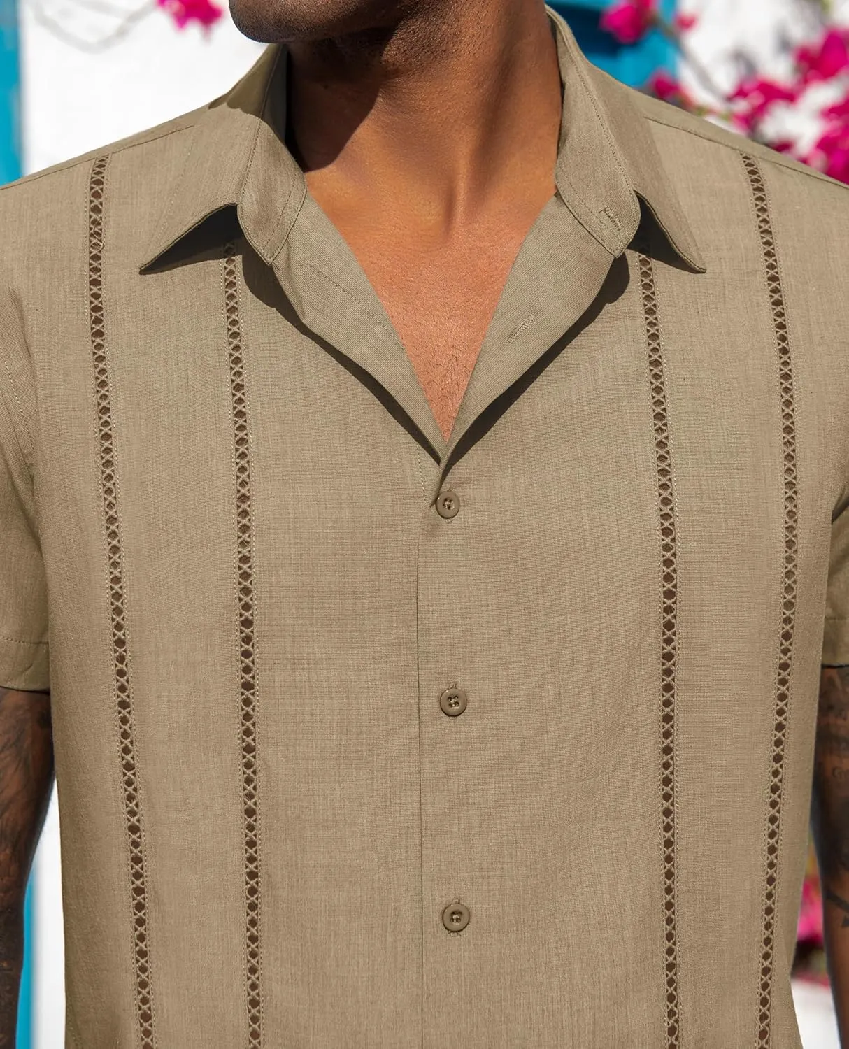 DEMEANOR Guayabera Linen Shirts for Men Short Sleeve Button Down Shirts Summer Beach Linen Shirts Casual Hawaii Vacation
