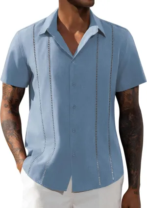 DEMEANOR Guayabera Linen Shirts for Men Short Sleeve Button Down Shirts Summer Beach Linen Shirts Casual Hawaii Vacation