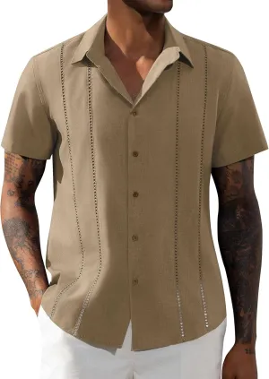 DEMEANOR Guayabera Linen Shirts for Men Short Sleeve Button Down Shirts Summer Beach Linen Shirts Casual Hawaii Vacation