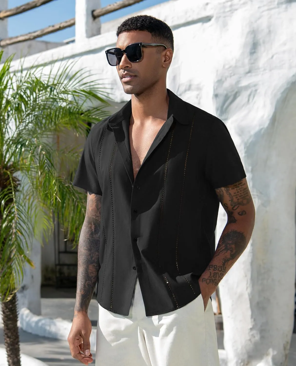 DEMEANOR Guayabera Linen Shirts for Men Short Sleeve Button Down Shirts Summer Beach Linen Shirts Casual Hawaii Vacation