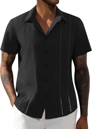 DEMEANOR Guayabera Linen Shirts for Men Short Sleeve Button Down Shirts Summer Beach Linen Shirts Casual Hawaii Vacation