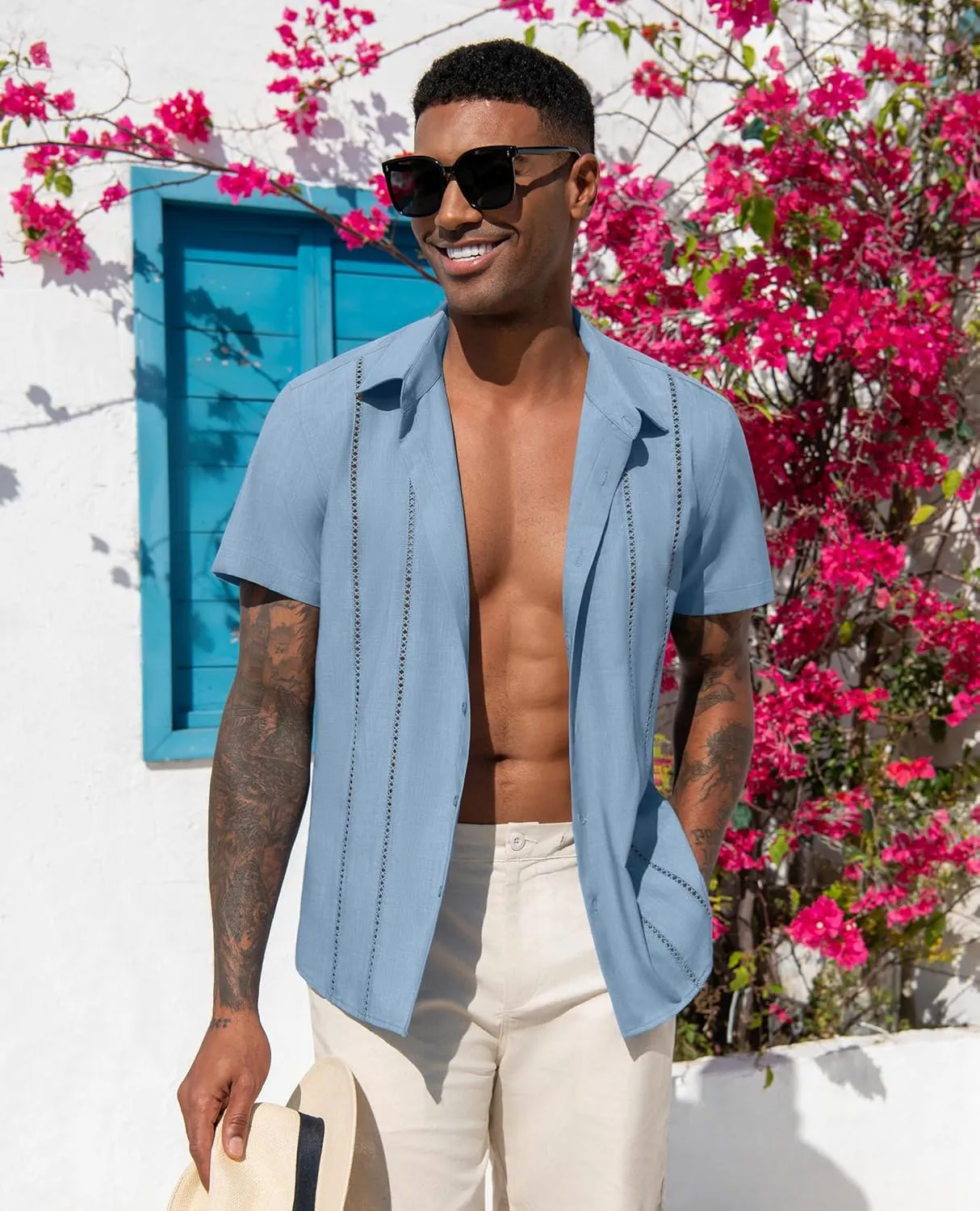 DEMEANOR Guayabera Linen Shirts for Men Short Sleeve Button Down Shirts Summer Beach Linen Shirts Casual Hawaii Vacation